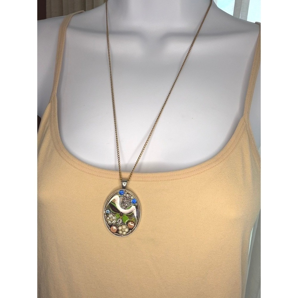 Pendant Green Butterfly Owl Steampunk Collage w/vtg goldtone necklance